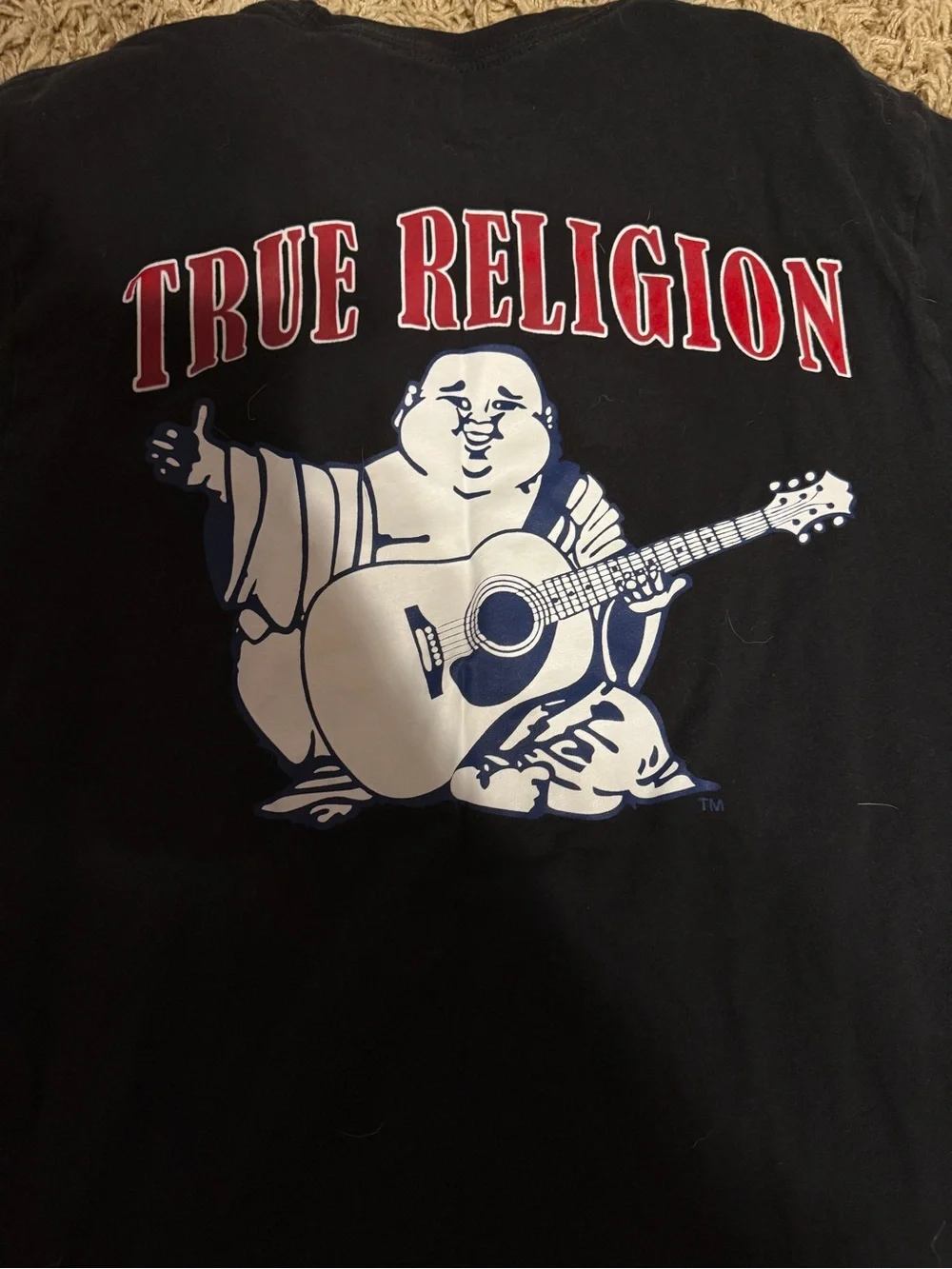 True Religion Black Short Sleeve Tee with Red Crest Logo